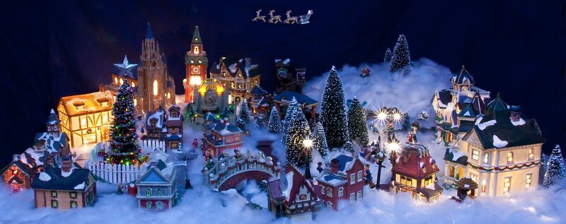Christmas Village Display — White, Festive, Night, Photograph, Buildings