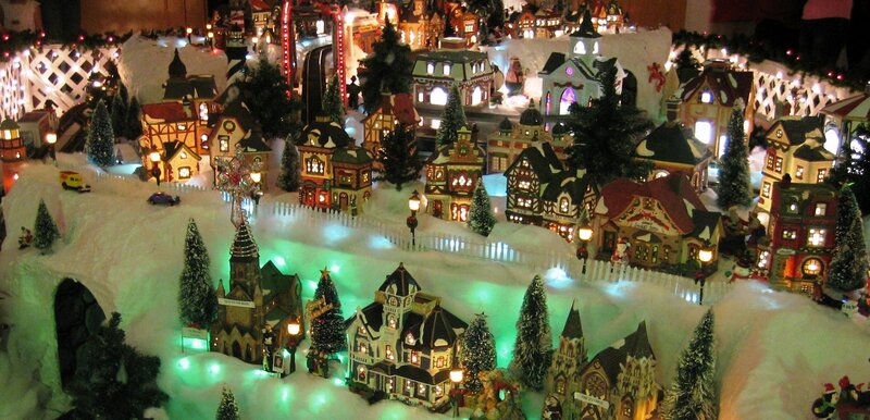 Christmas Village Display — White, Festive, Night