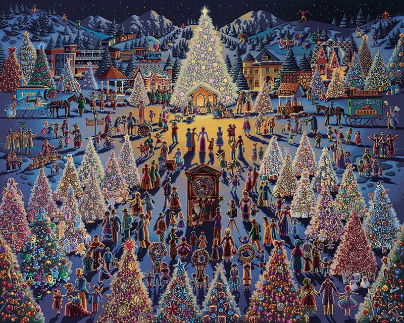 Christmas Village Scene — Blue, Festive, Night