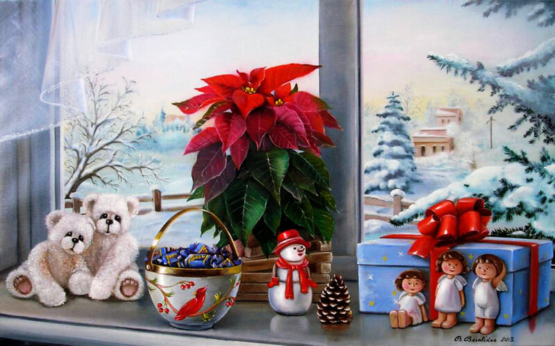 Christmas Window Display — Red, Festive, Winter, Painting