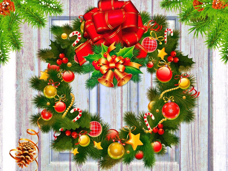 Christmas Wreath on Door — Green, Festive, Winter, Digital Art, Pine Branches