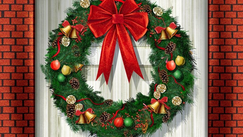 Christmas Wreath on Door — Green, Festive, Winter, Digital Art, Pine Cones