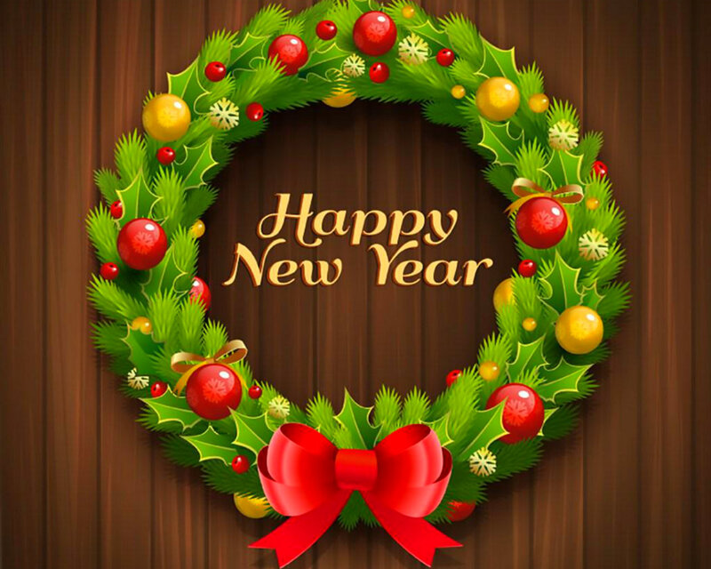 Christmas Wreath on Door — Green, Festive, Winter, Digital Art, Red Bow