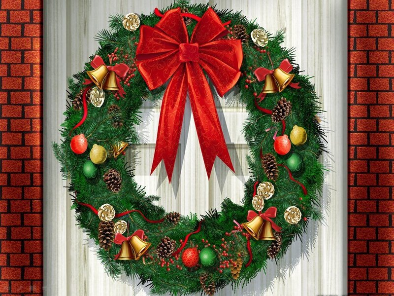Christmas Wreath on Door — Green, Festive, Winter, Digital Art