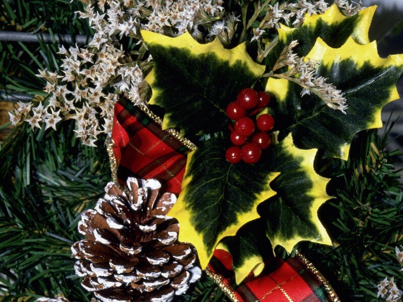 Christmas wreath with holly and pinecone