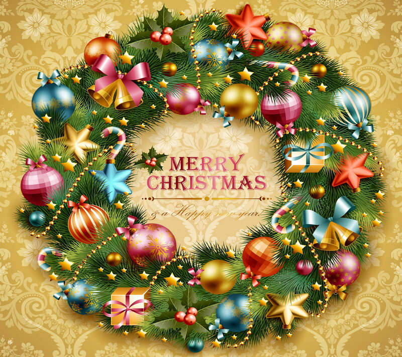 Christmas Wreath with Ornaments — Green, Festive, Winter, Illustration