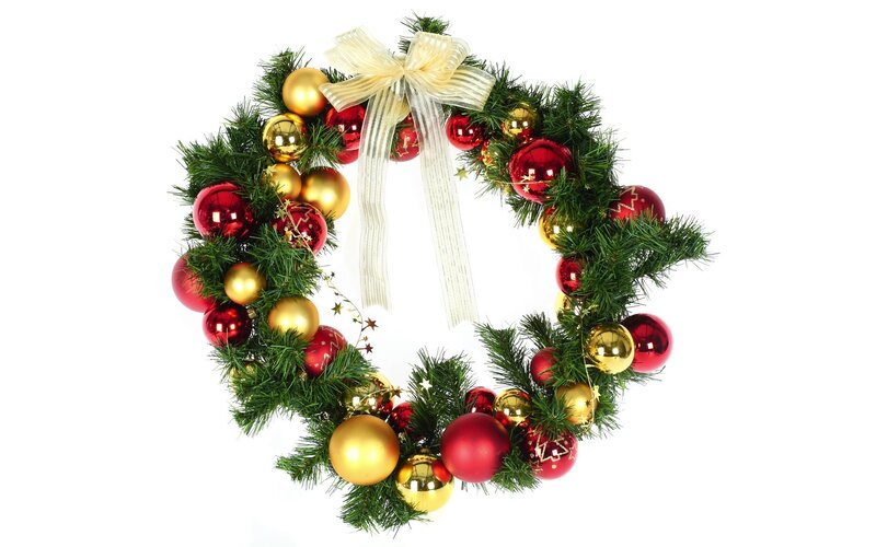 Christmas Wreath with Ornaments — Green, Festive, Winter, Photograph, Red Balls