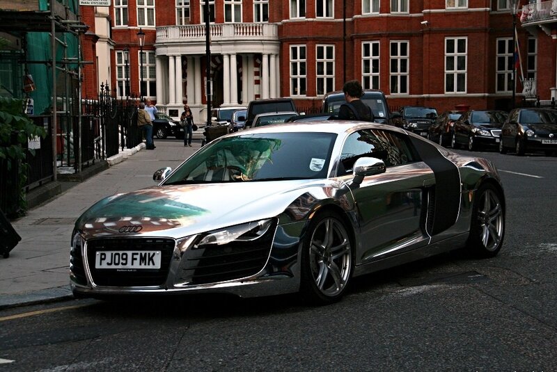 Chrome Audi R8 on city street