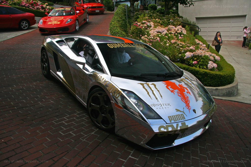 Chrome Lamborghini on a brick street