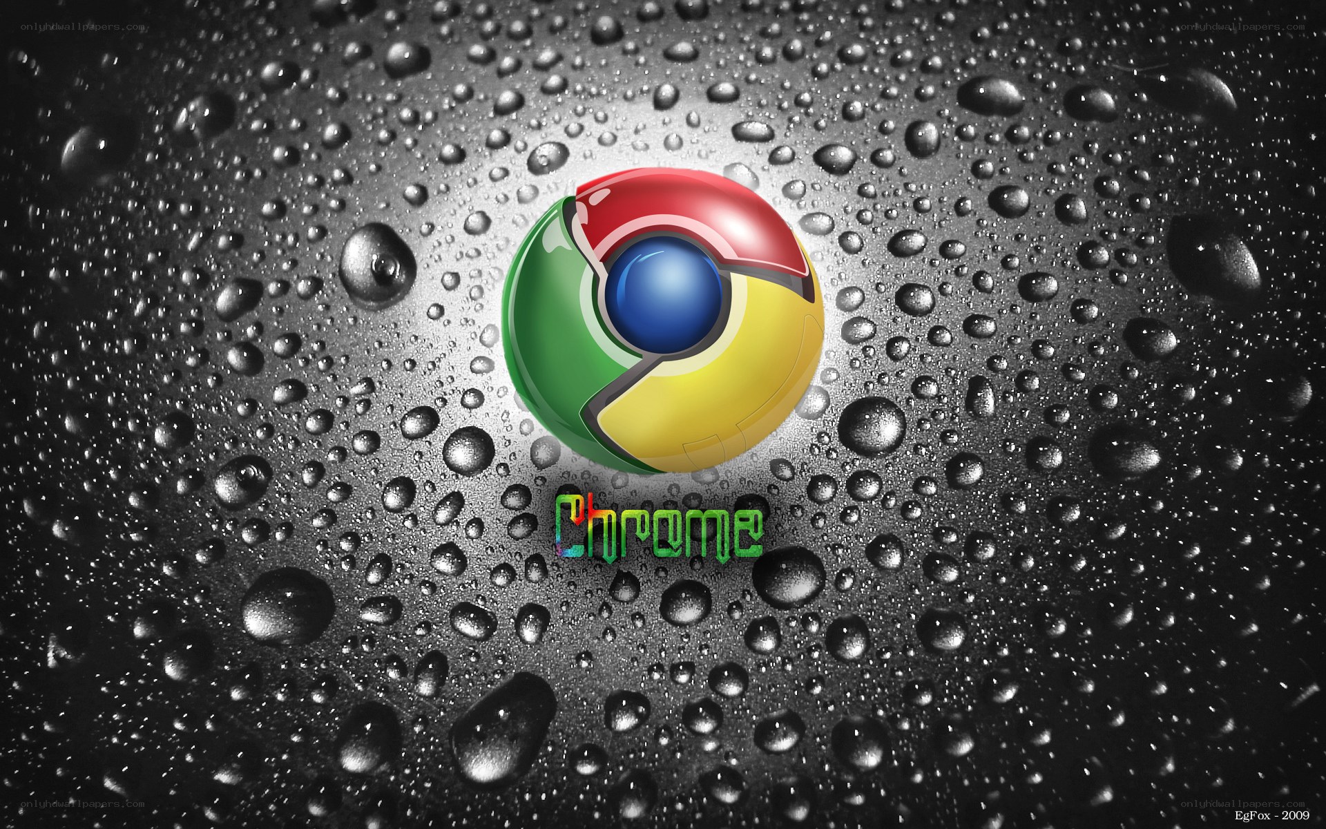 Chrome logo on wet surface