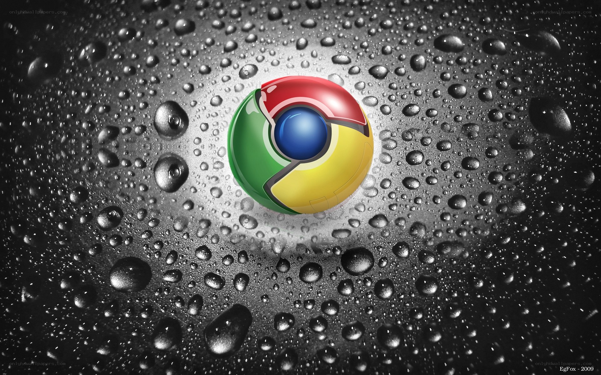 Chrome logo with water droplets