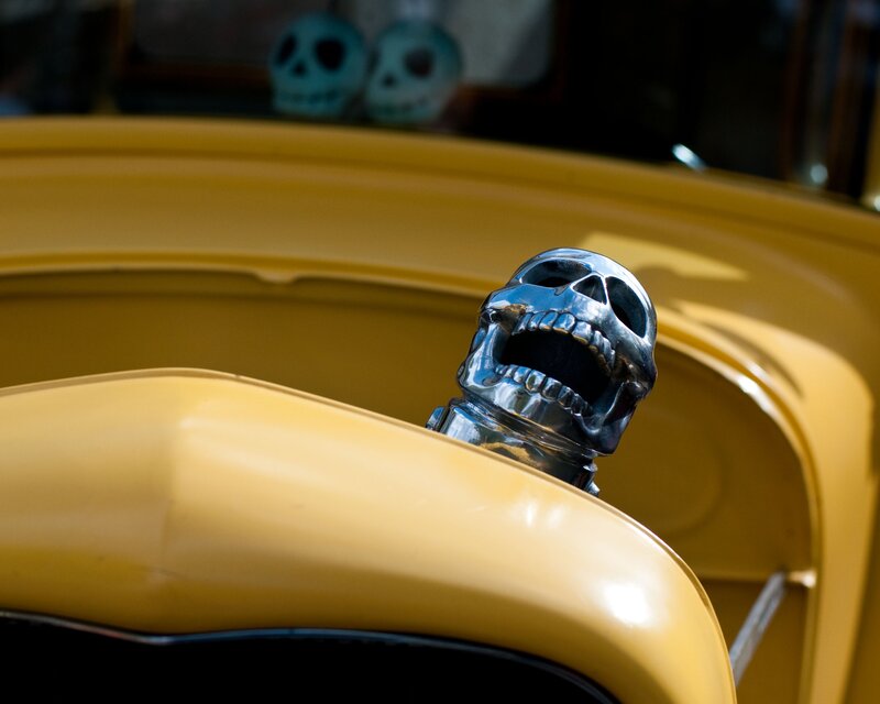 Chrome Skull Hood Ornament — Yellow