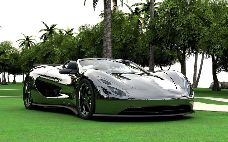 Chrome sports car in tropical setting