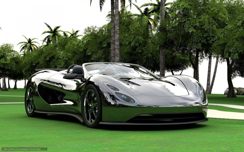 Chrome sports car in tropical setting