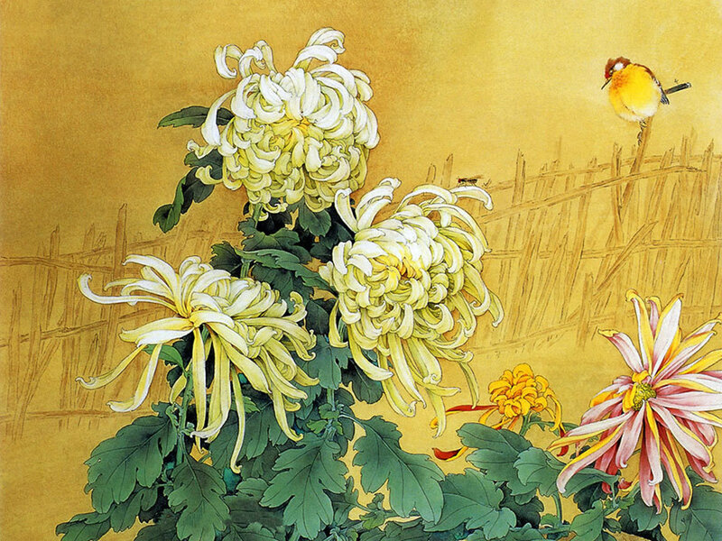 Chrysanthemums and a bird