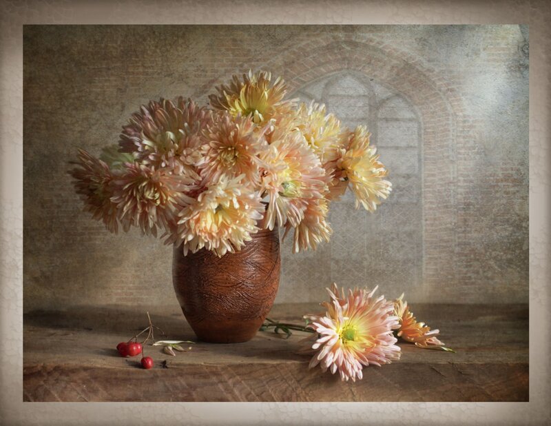 Chrysanthemums in Vase — Brown