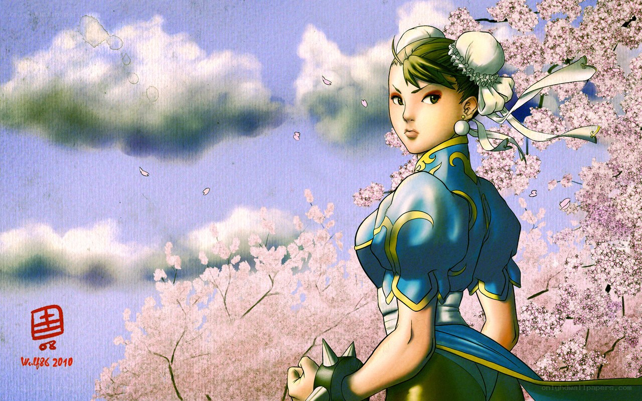 Chun-Li in cherry blossom garden