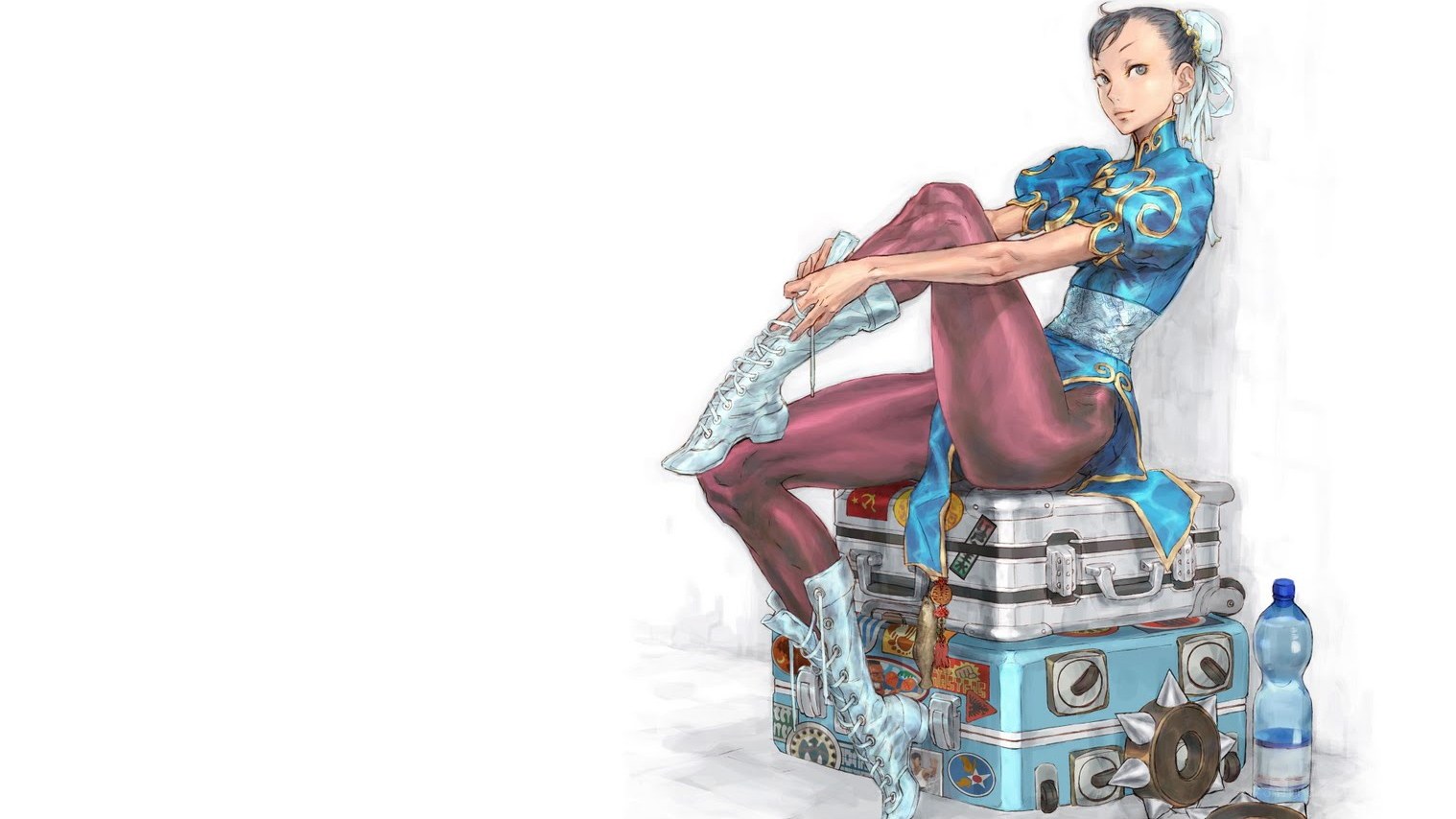 Chun-Li sitting on suitcases