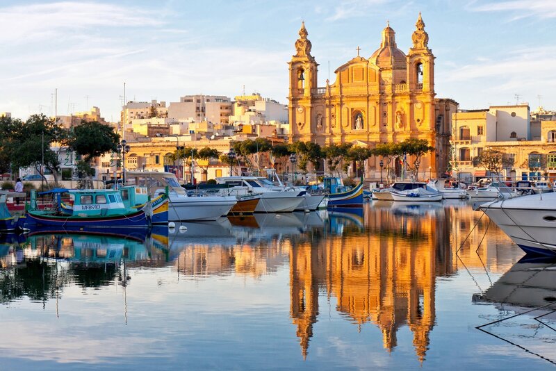 Church and Boats in Harbor