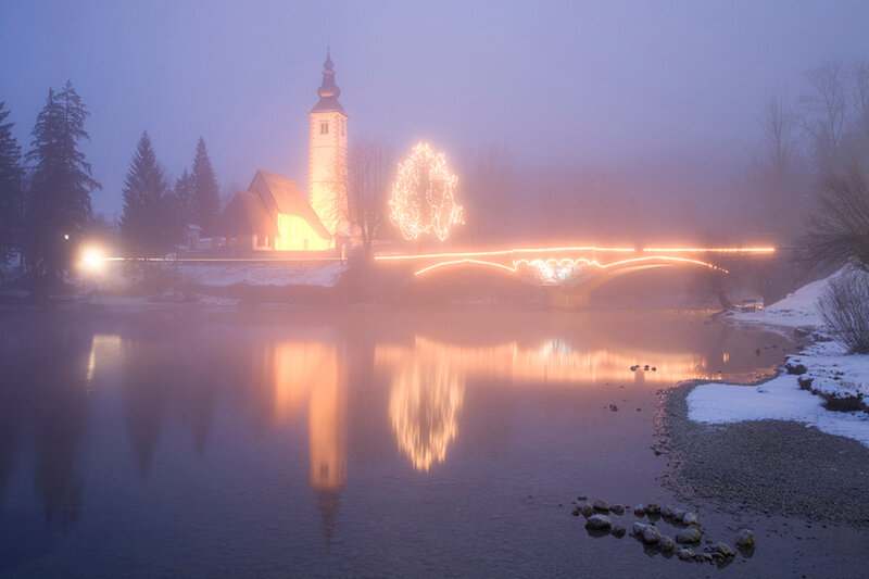 Church and Bridge at Night — Blue