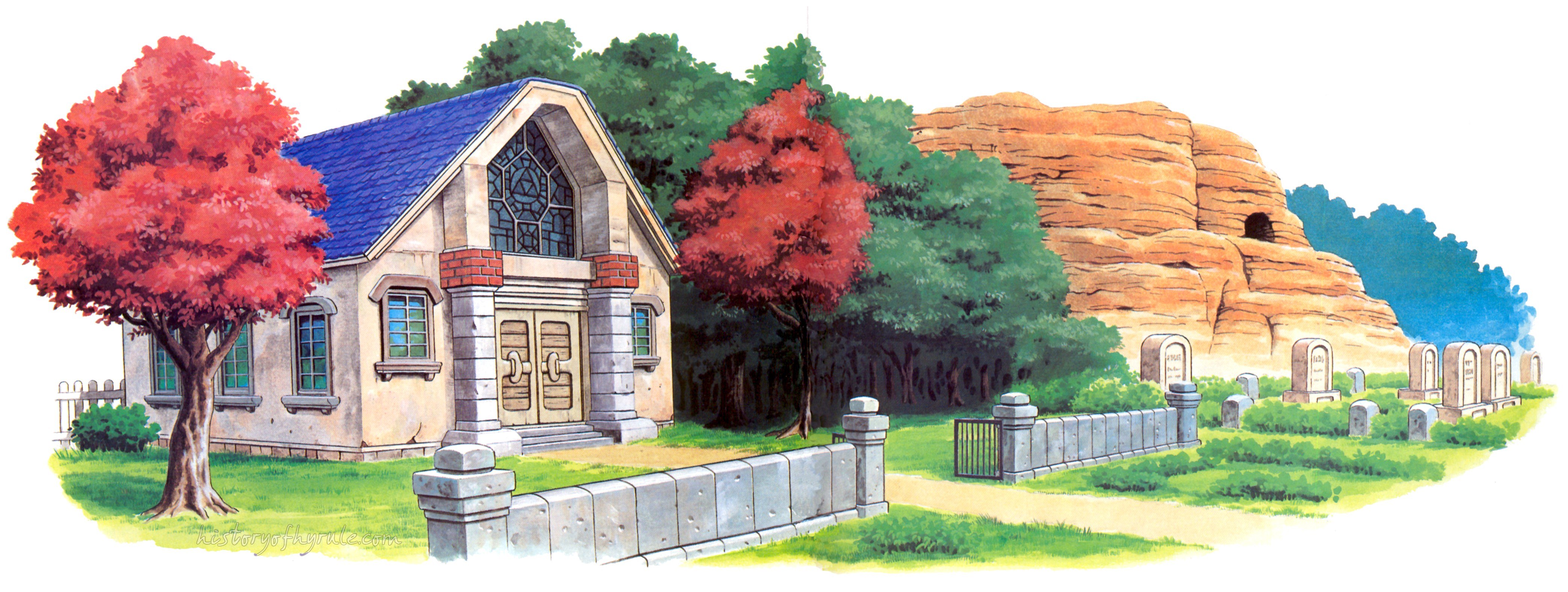 Church and cemetery illustration
