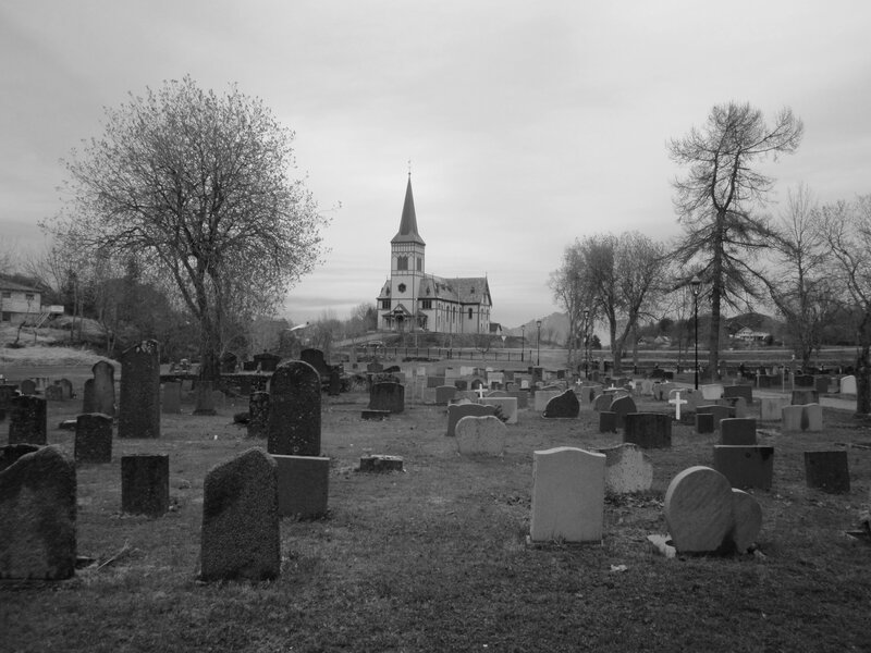 Church and cemetery in black and white