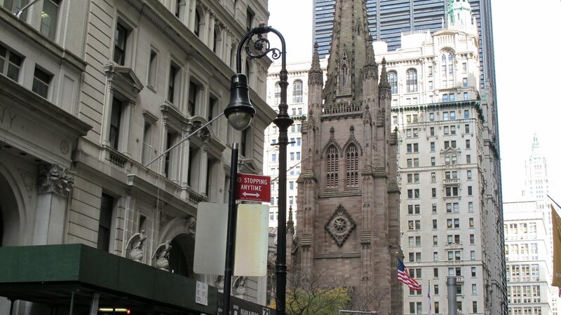 Church and city buildings in New York