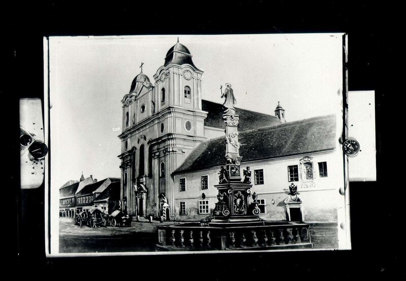 Church and fountain in town square