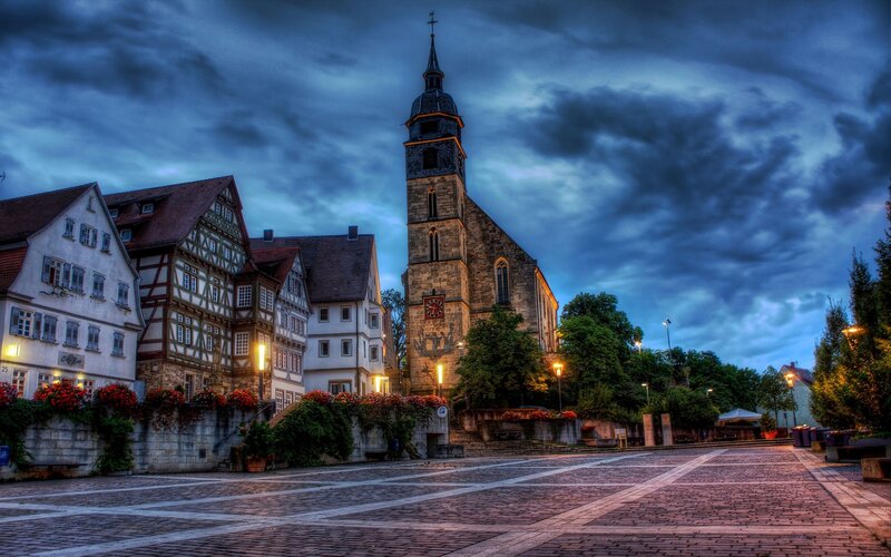 Church and Town Square — Blue