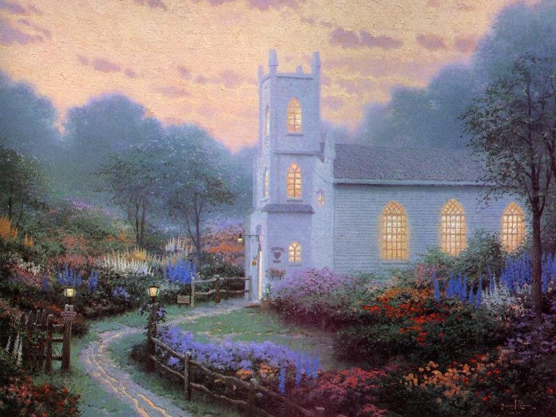 Church at dusk in a garden