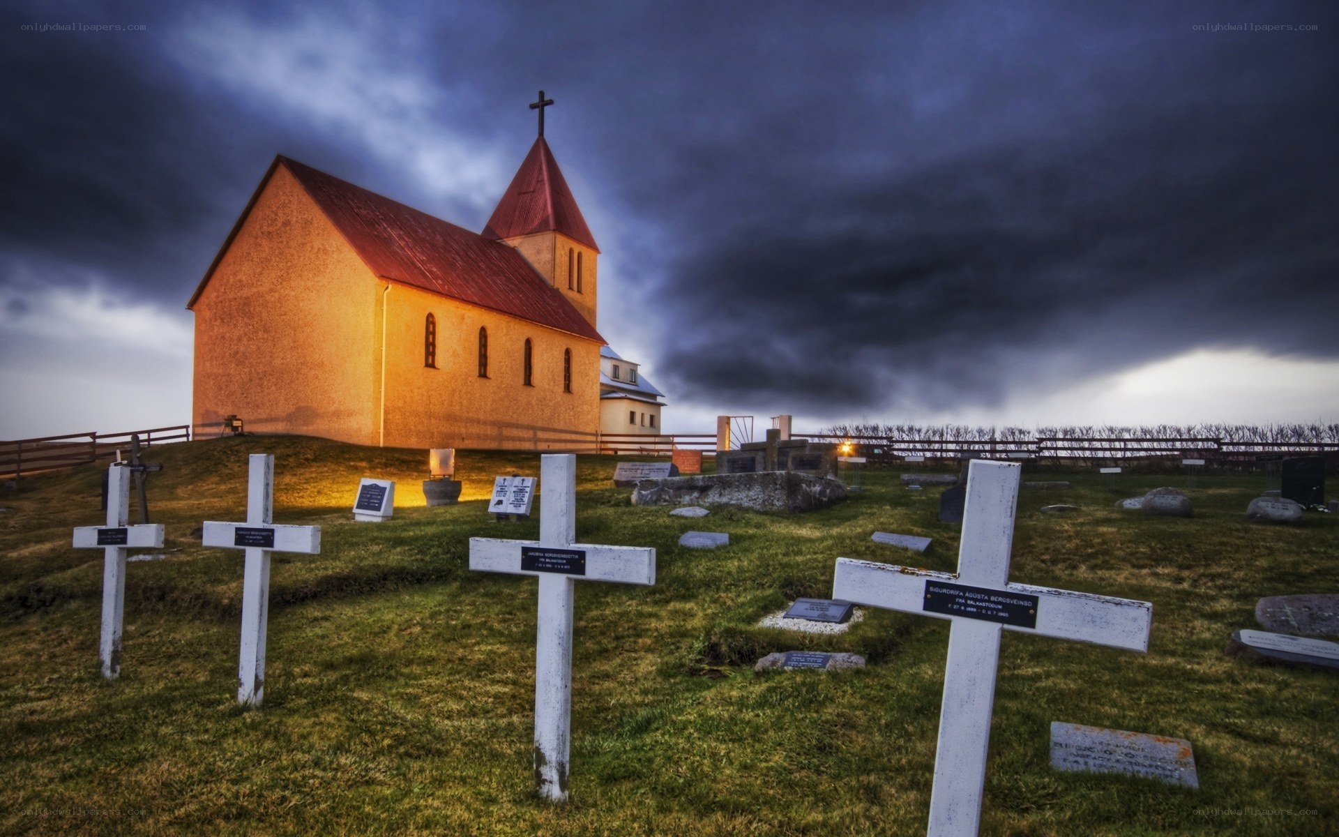 Church at dusk with cemetery