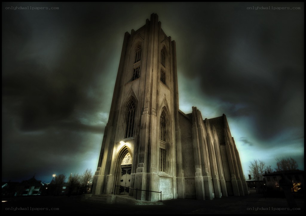 Church at dusk with dramatic sky