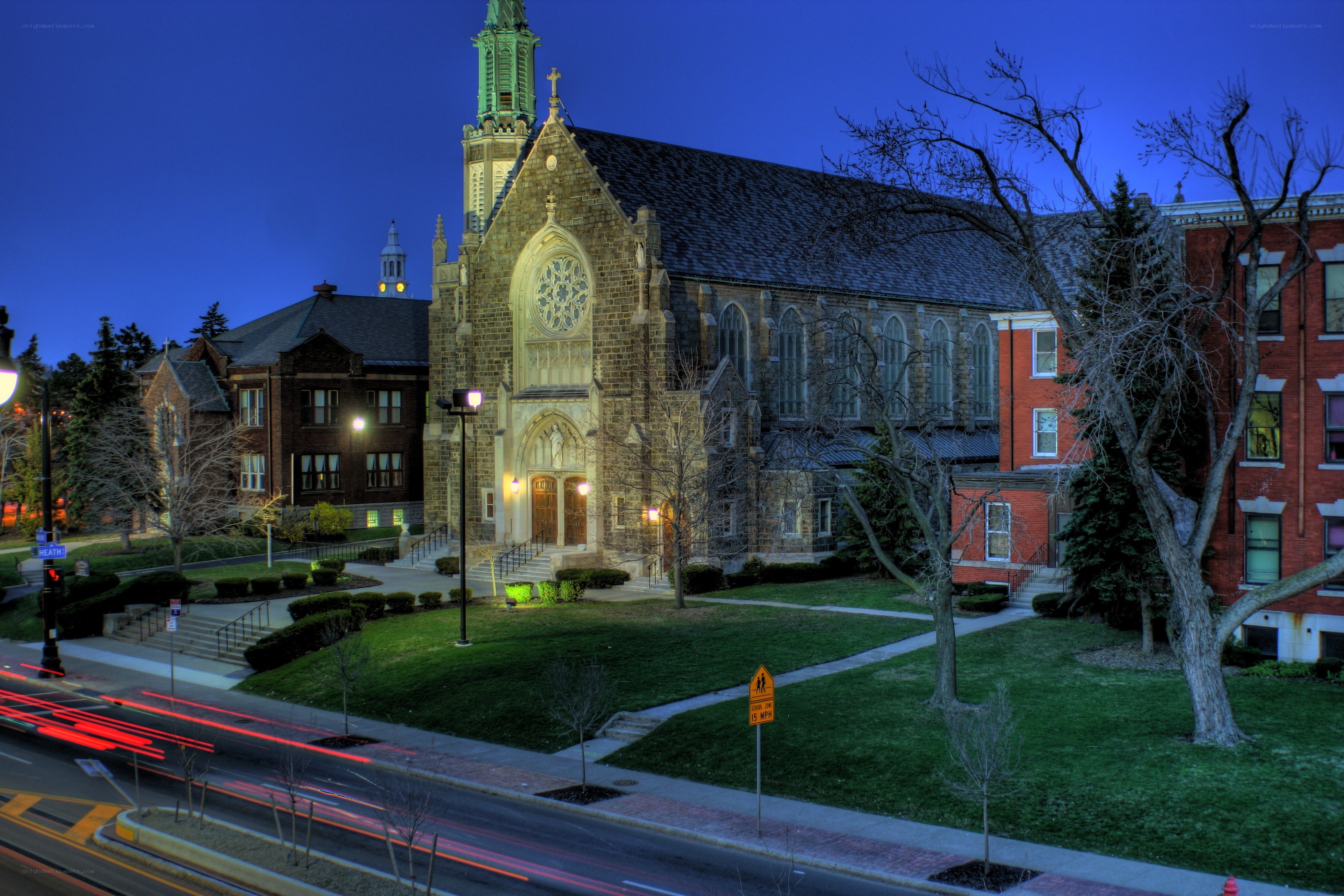 Church at dusk with light trails