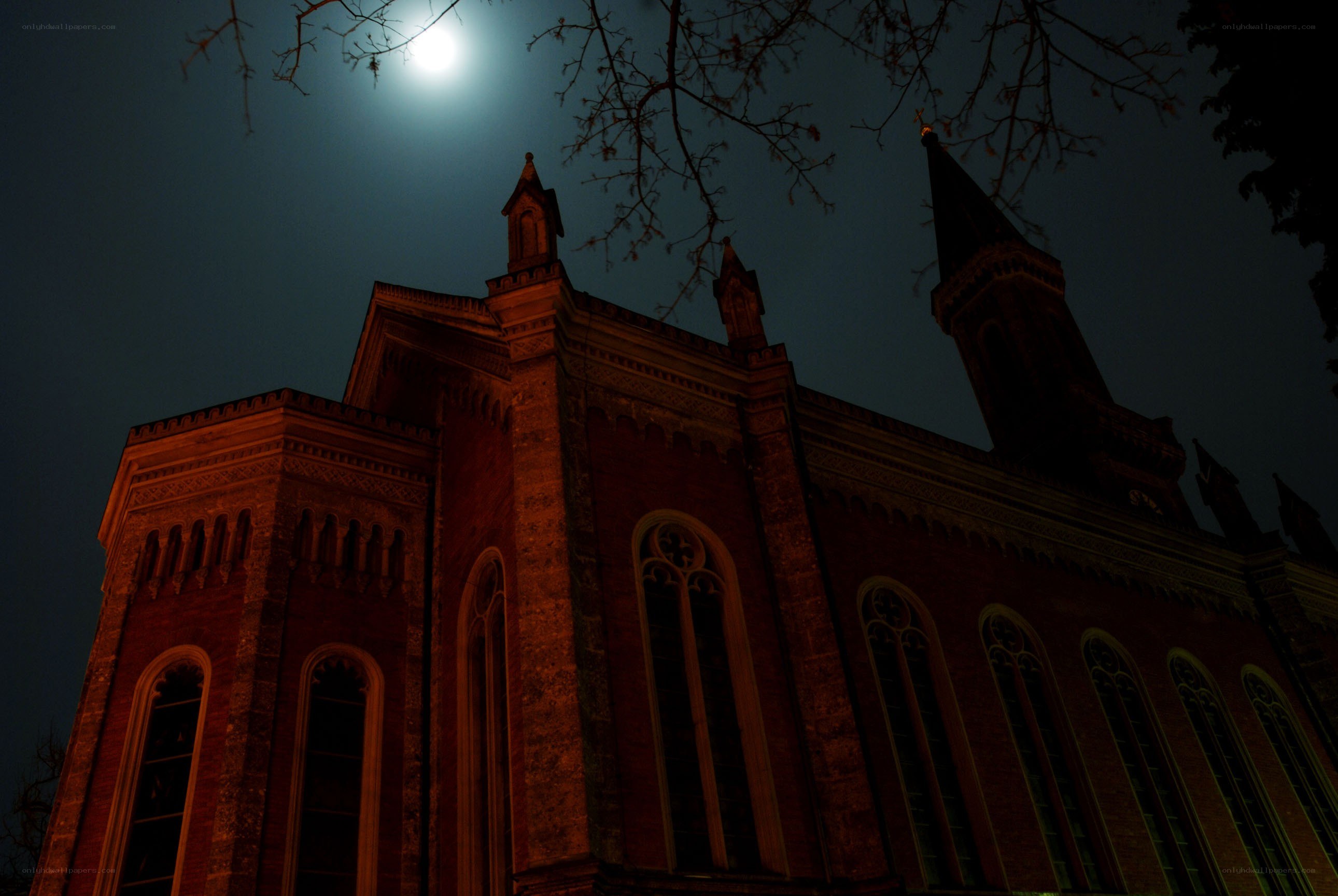 Church at night under moonlight