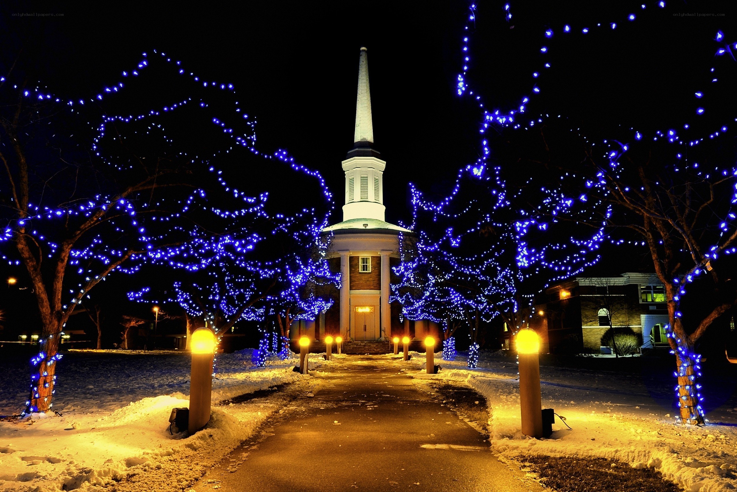 Church at night with blue lights