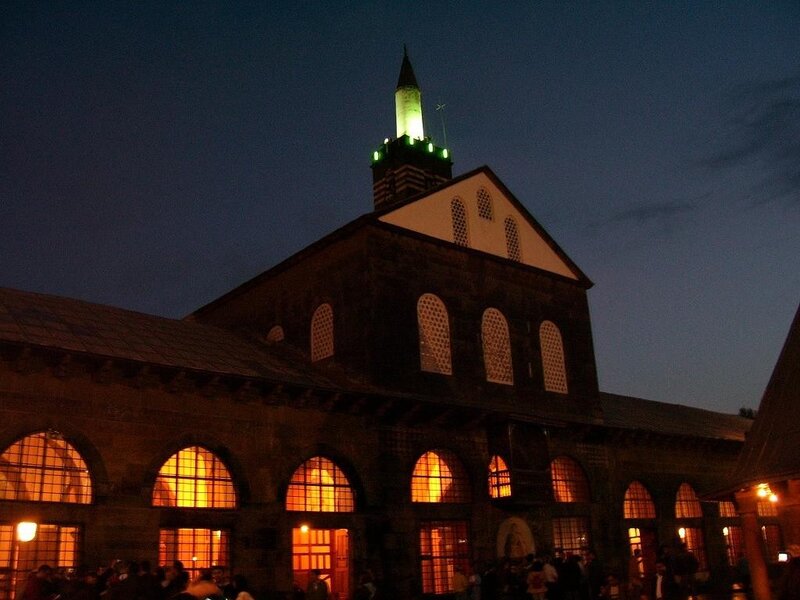 Church at night with green spire
