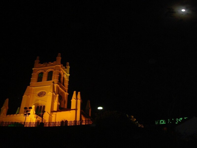Church at night with moon