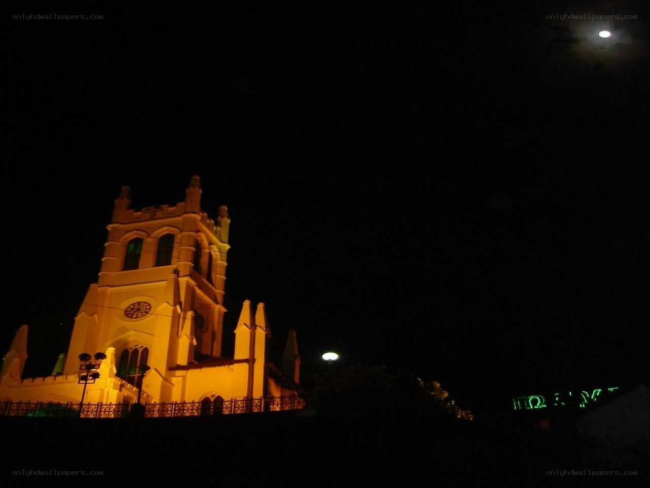 Church at night with moon