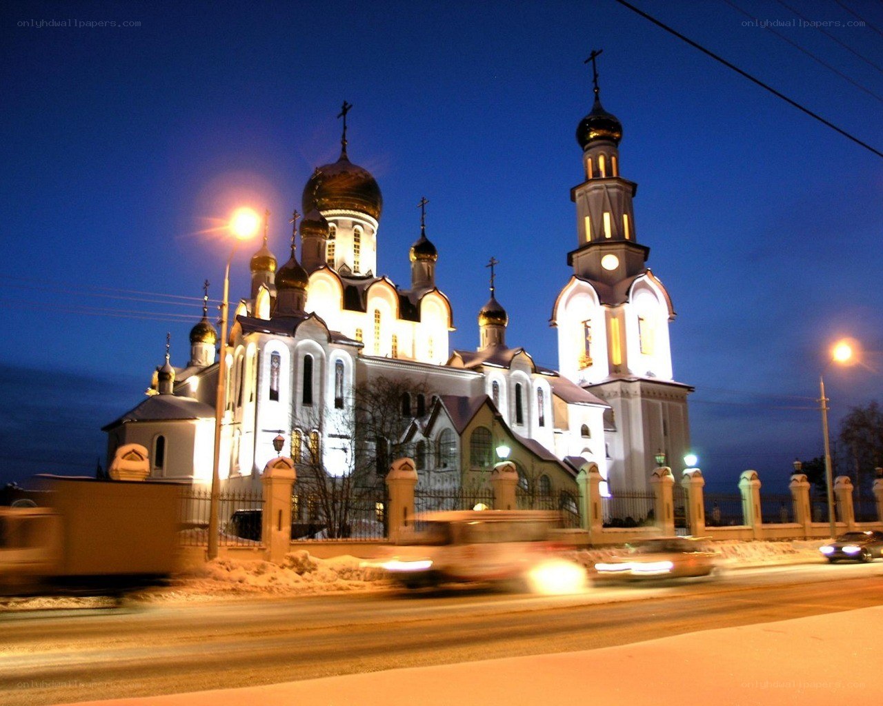 Church at night with traffic