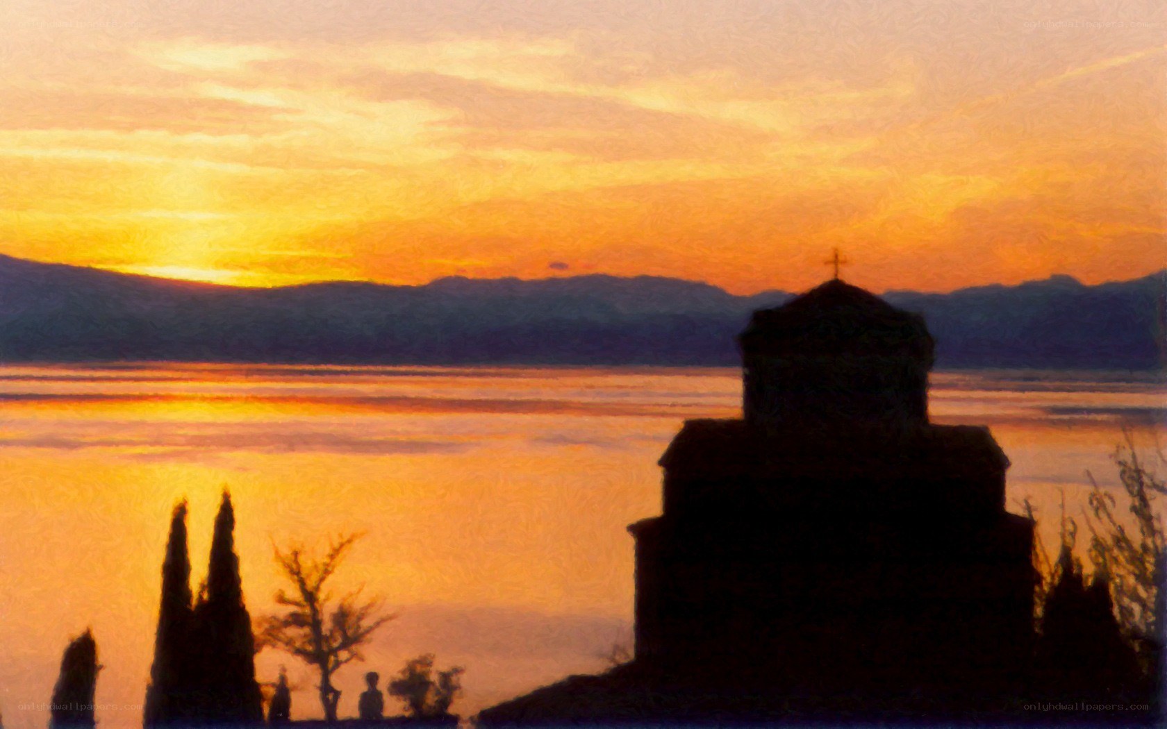 Church at sunset by the lake