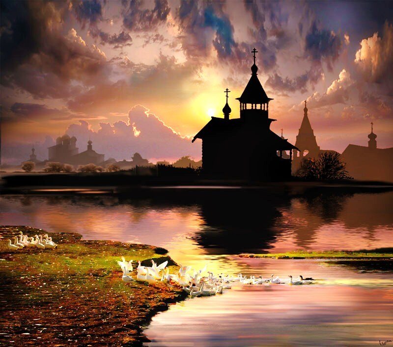 Church at sunset by the river