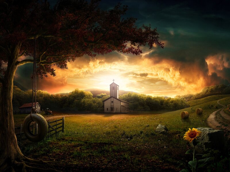 Church at sunset in a rural landscape