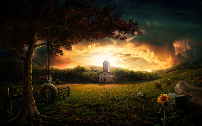 Church at sunset in a rural landscape