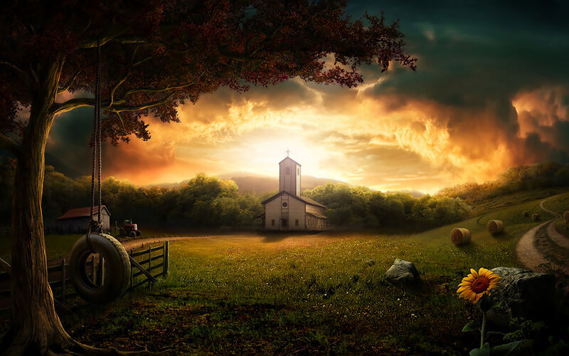Church at sunset in a rural landscape