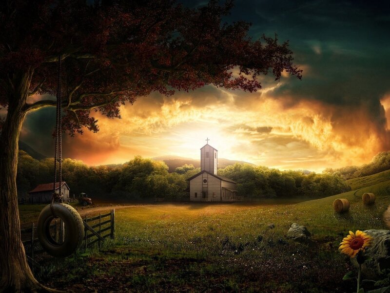 Church at sunset in a rural landscape