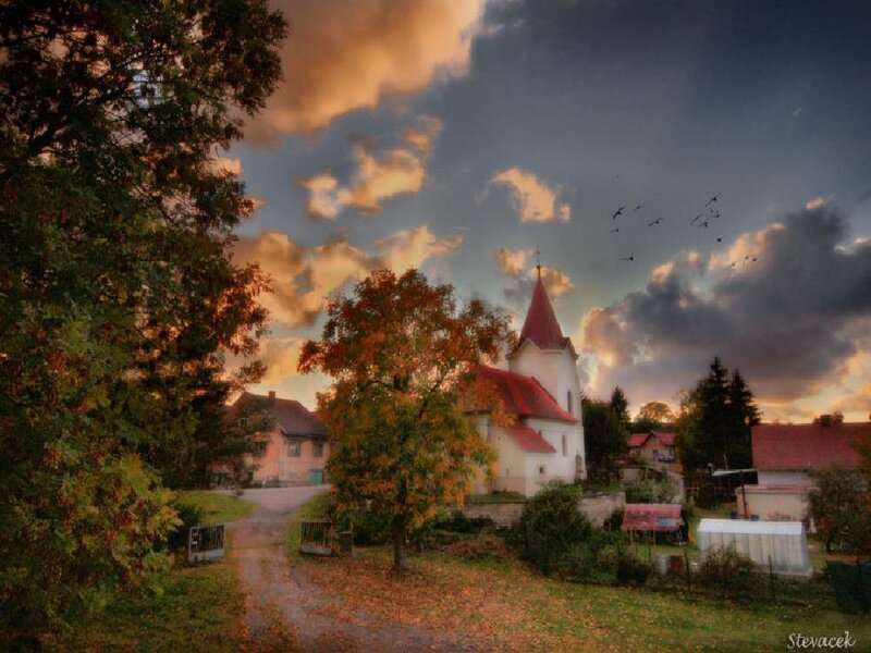 Church at sunset in a village