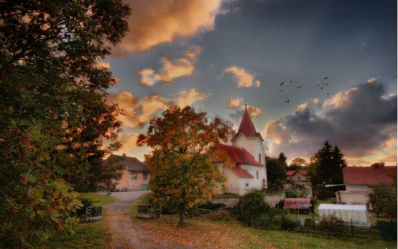 Church at sunset in a village