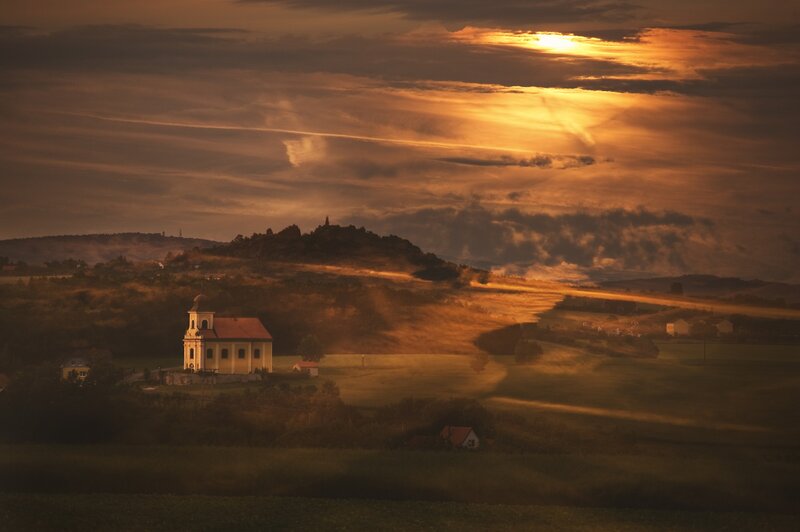 Church at sunset in the hills