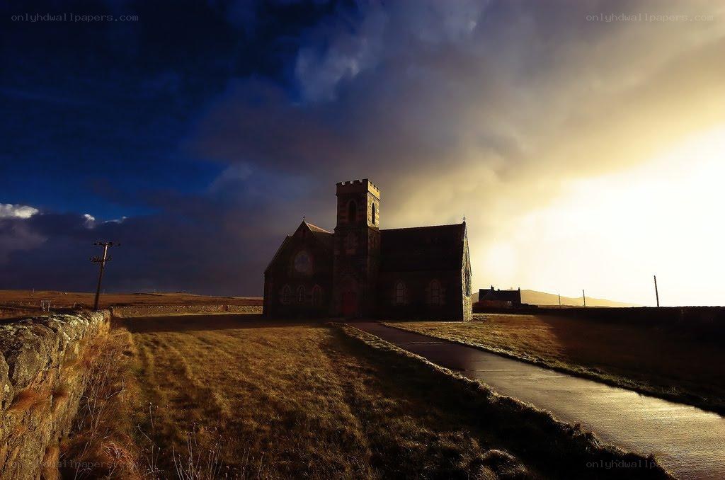 Church at sunset on a hill