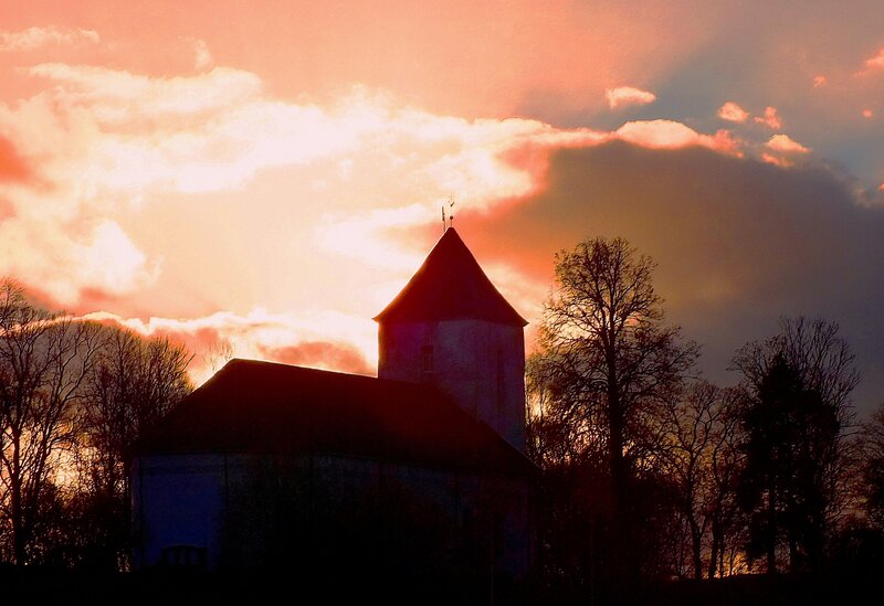 Church at Sunset — Orange, Dramatic